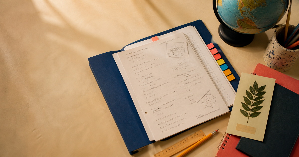 Cross-subject homework desk with notes and a globe