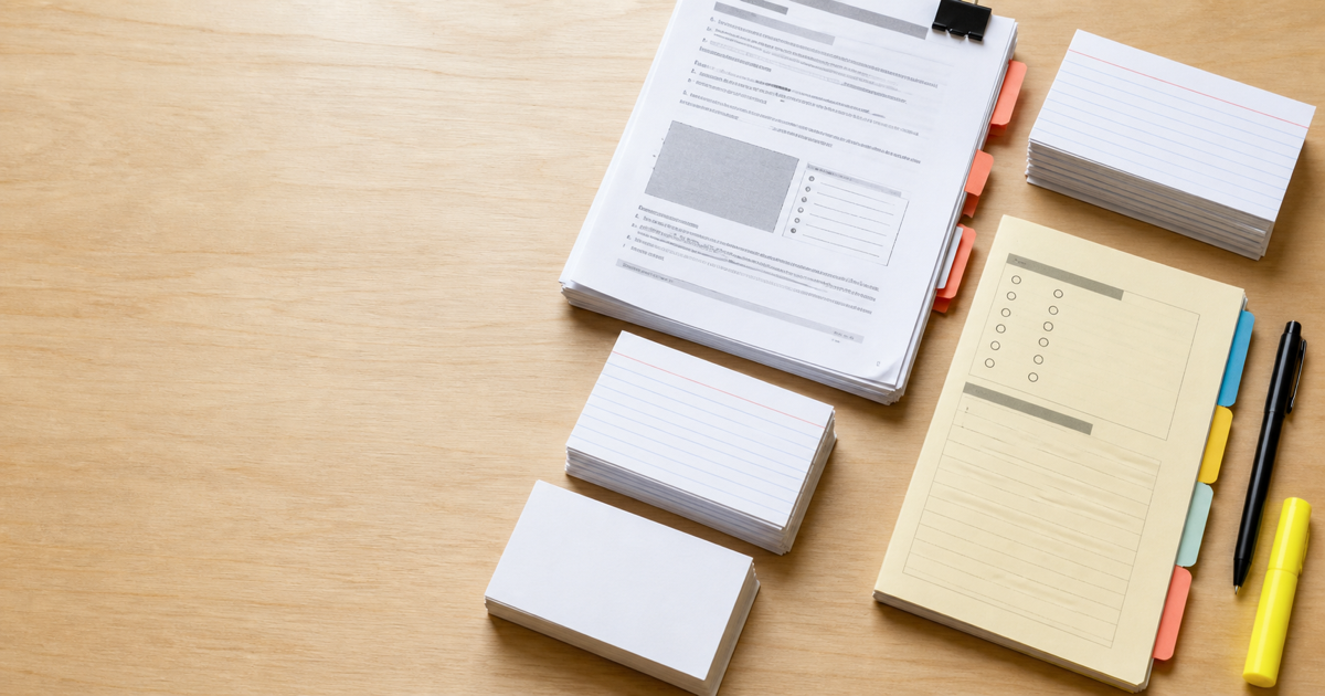 Question-writing desk with worksheets and index cards