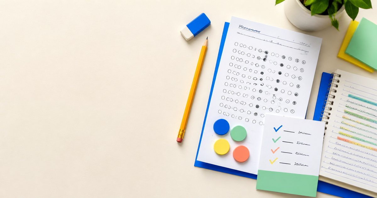 Paper quiz and study notes on a desk