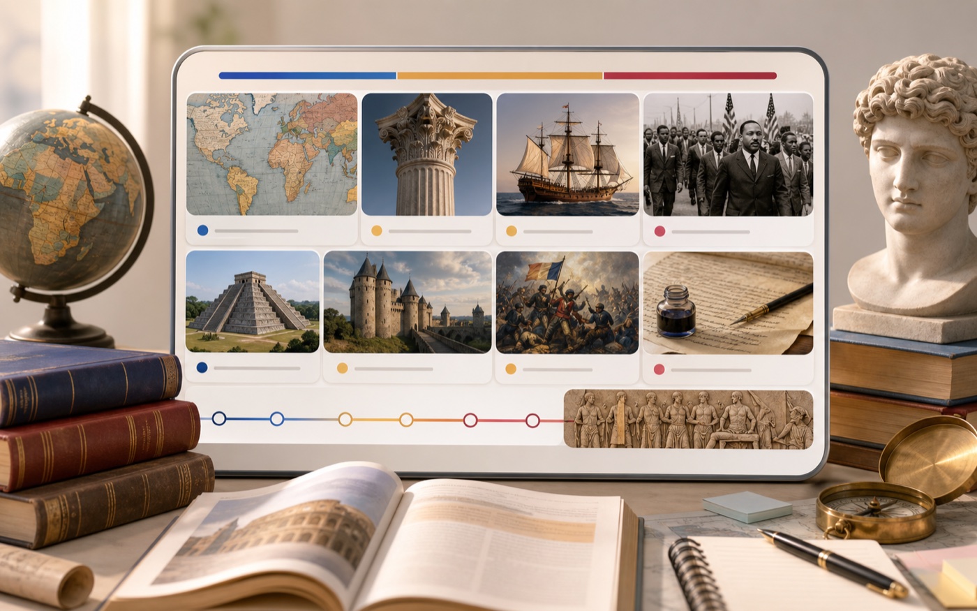 Icons for key history topics like World War, Cold War, and Revolutions