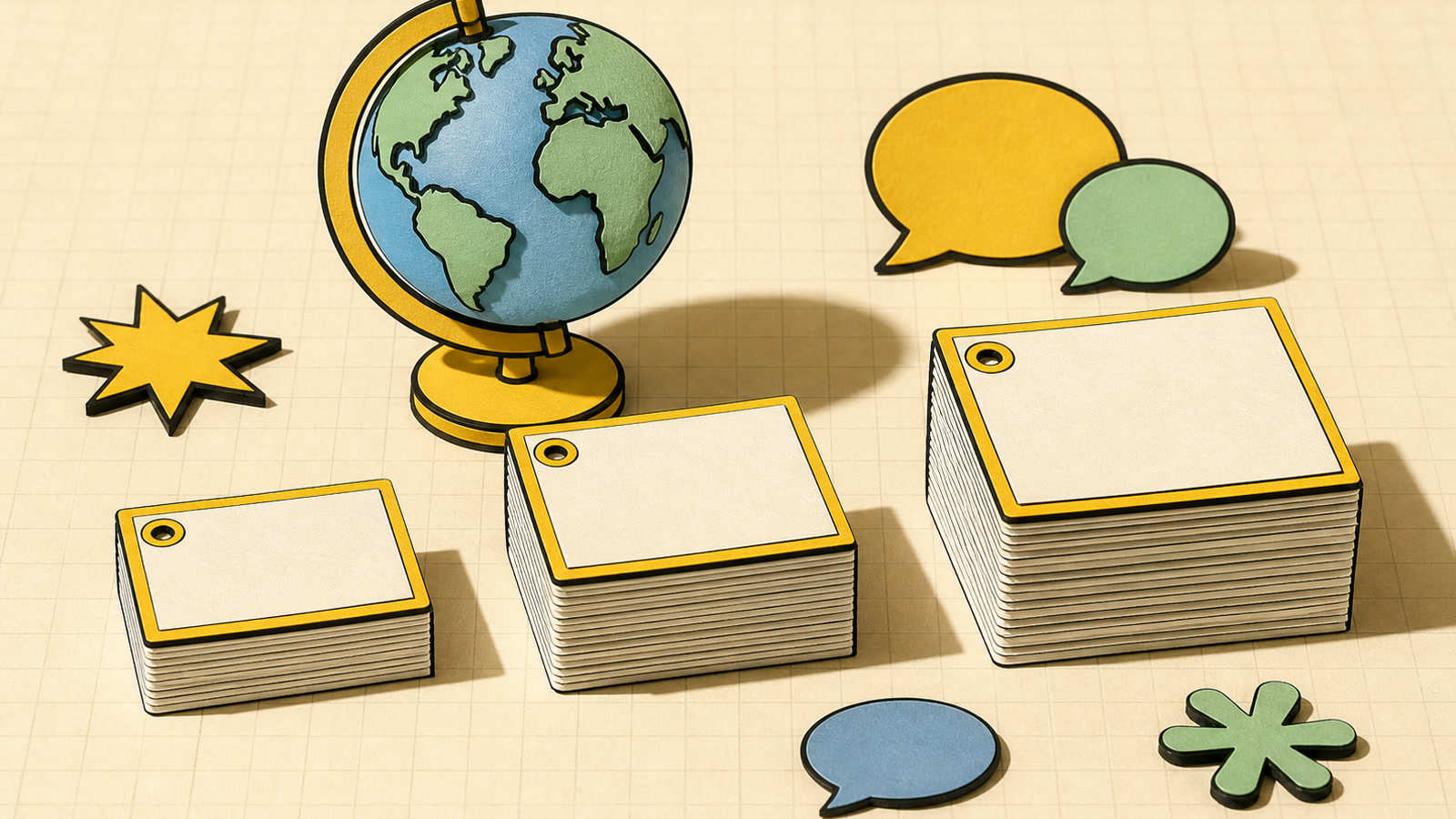 Organized flashcard stacks with language study symbols