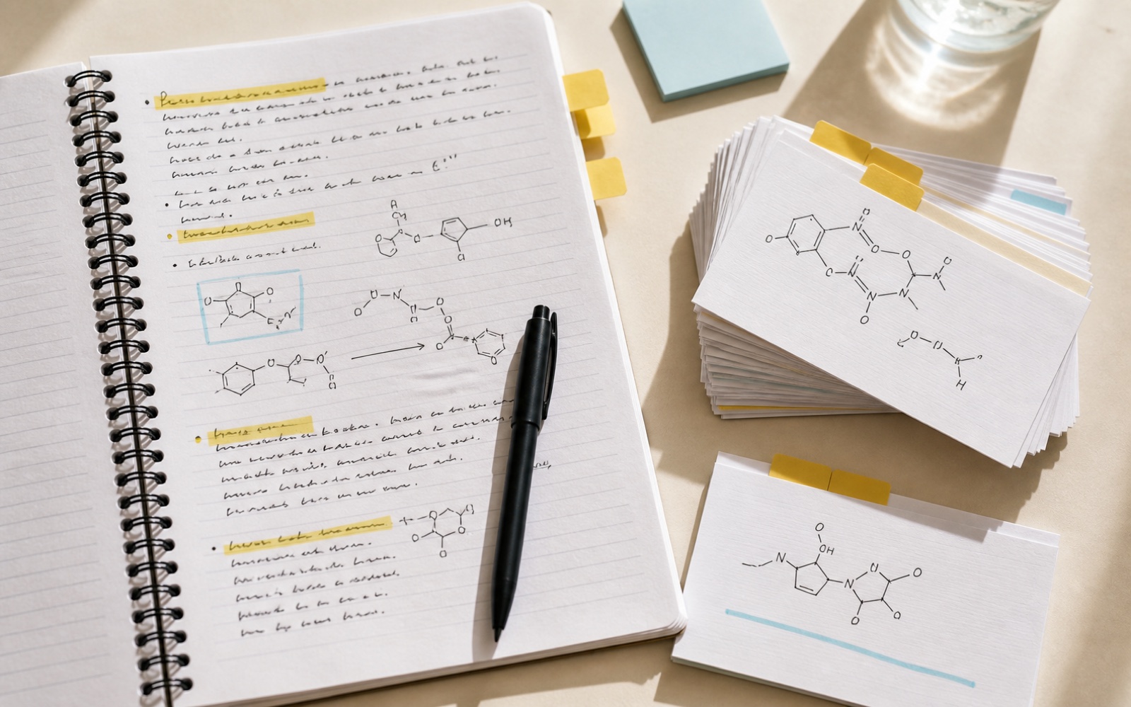 Handwritten class notes beside organized active-recall flashcards