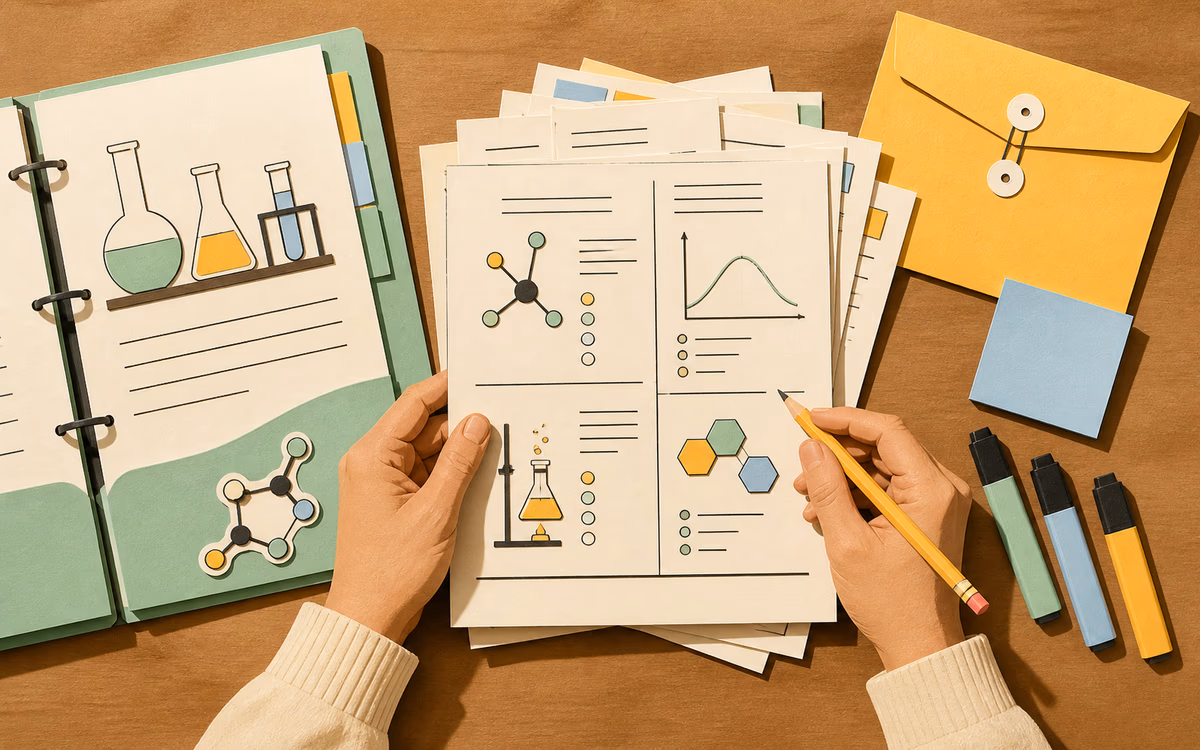 Teacher reviewing a printable worksheet beside lesson material