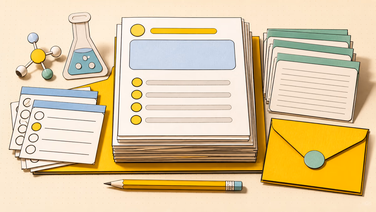 Question-writing desk with worksheets and index cards